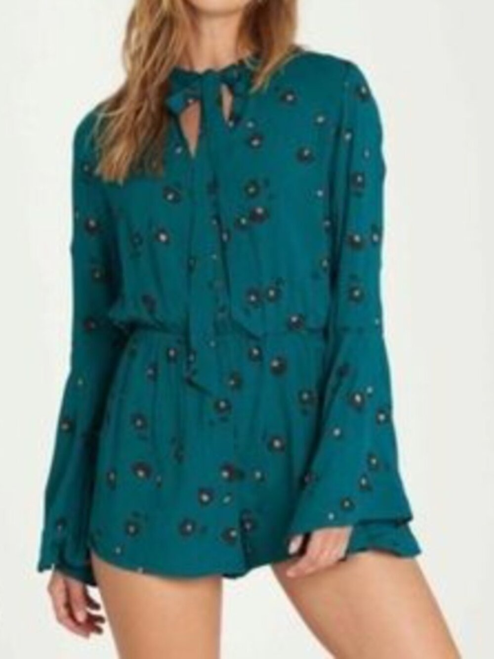 BILLABONG | Teal Floral Print Long Bell Sleeve Tie-Neck Romper Sz L